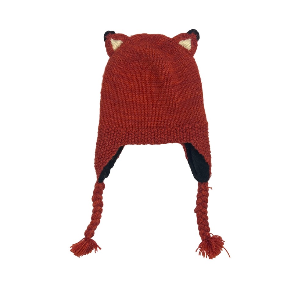 Andes Gifts Knitted Fox Hat with Braids Orange Alpaca Blend Youth Kids Adult - Picture 2 of 7